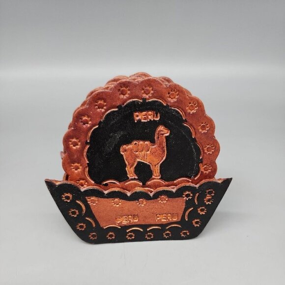 Vintage Artisan Hand Tooled Leather Coasters Made In Peru Set of 6 With Holder - Picture 1 of 5